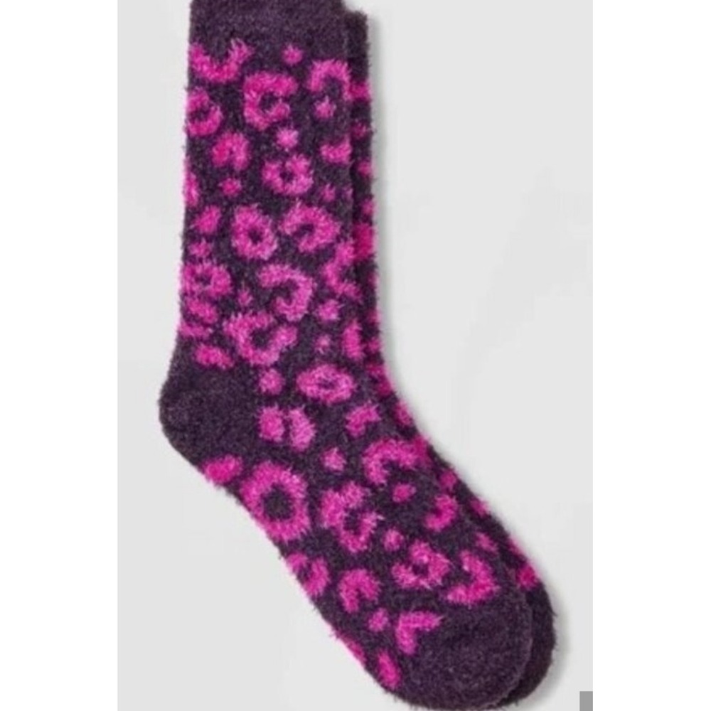 Auden Purple Pink Leopard Print Cozy Crew Socks Super Soft Fuzzy NWT Size 4-10
